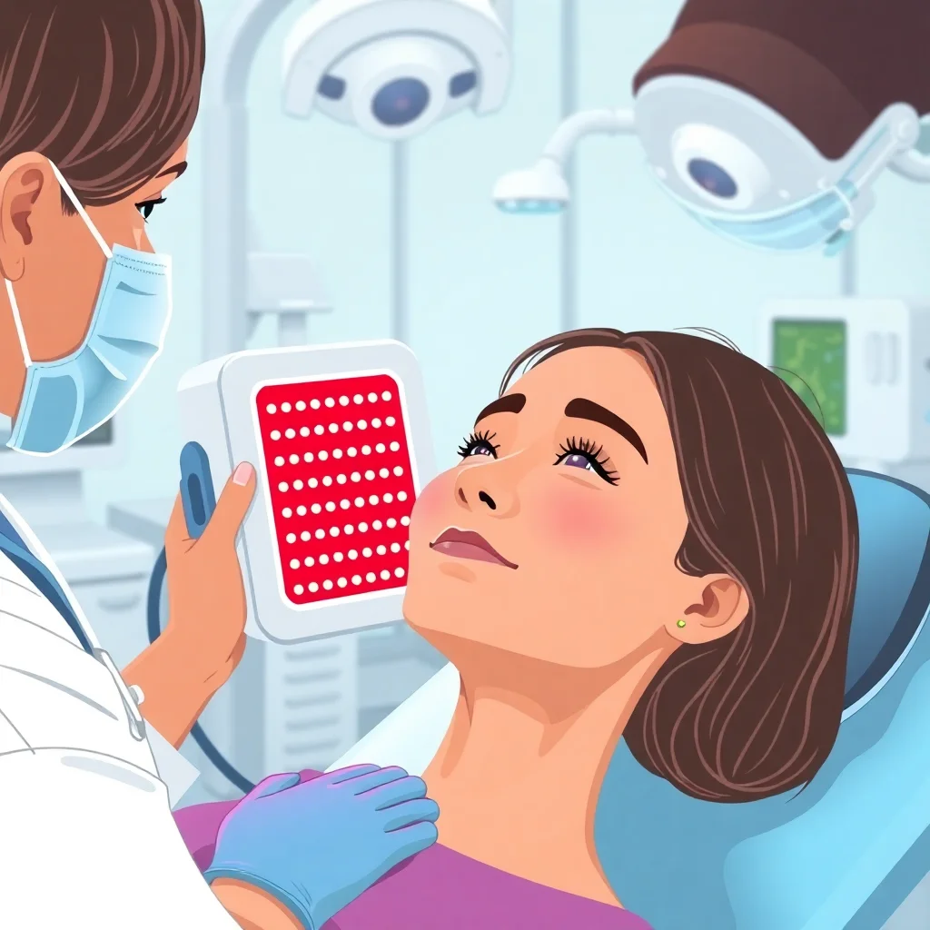 Patient receiving LED light therapy treatment in a medical clinic with red and blue light panels