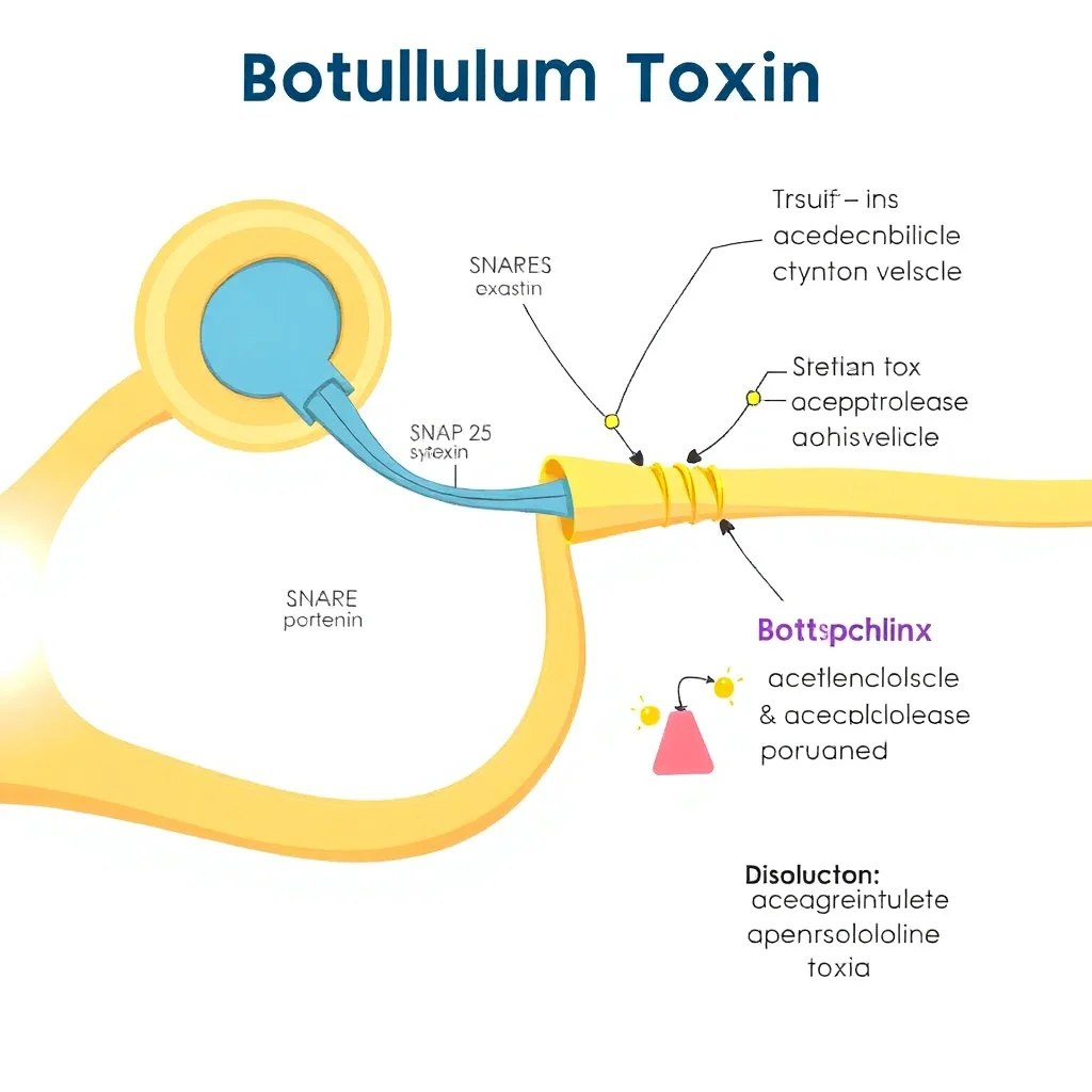 Diagramme médical montrant le mécanisme d'action de la toxine botulique au niveau de la jonction neuromusculaire avec les protéines SNARE