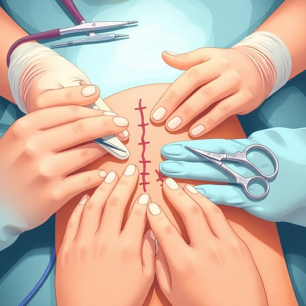 Mains pratiquant des techniques de suture sur peau synthétique avec différents types de points et instruments chirurgicaux