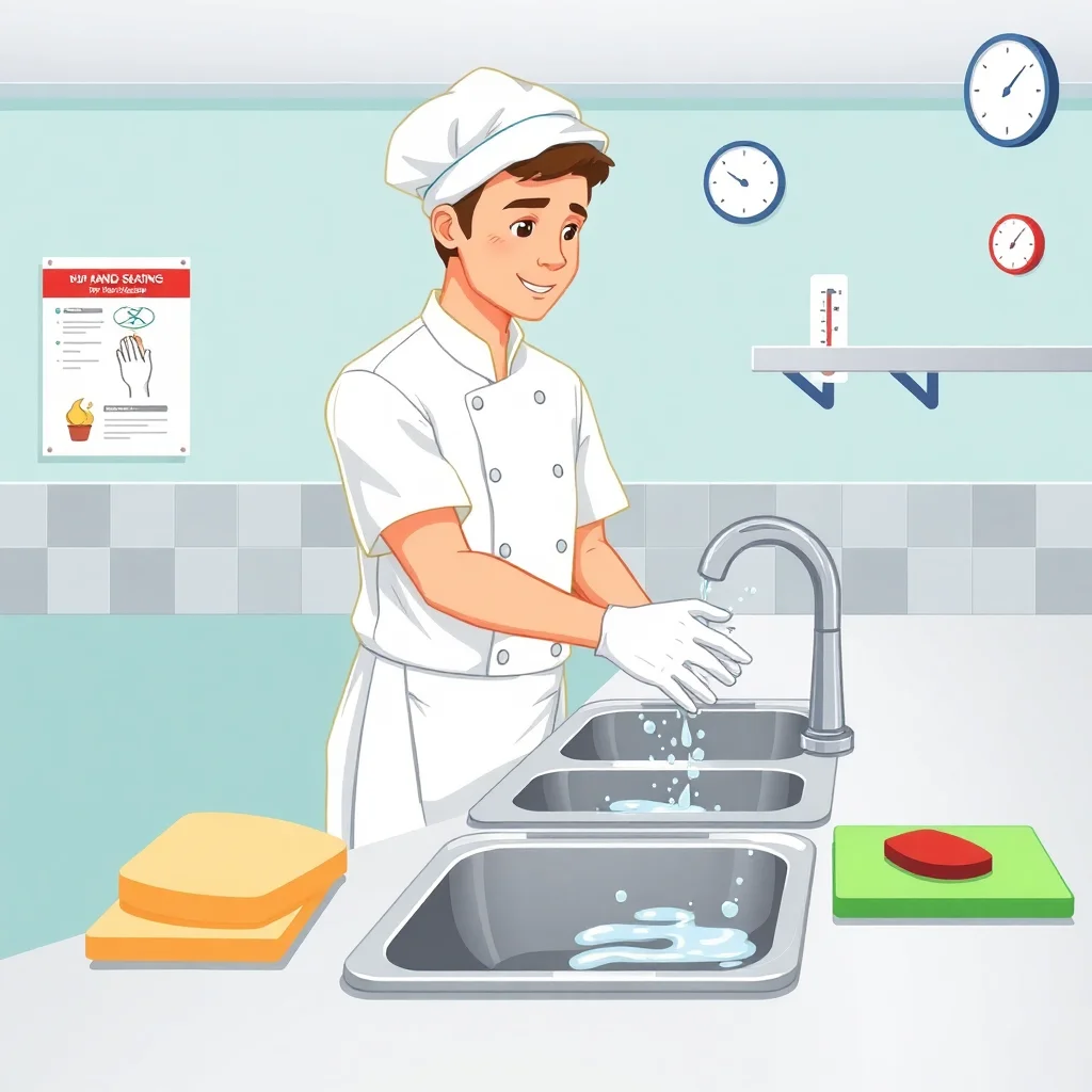 Chef demonstrating proper hygiene practices in a professional kitchen with hand washing and clean equipment