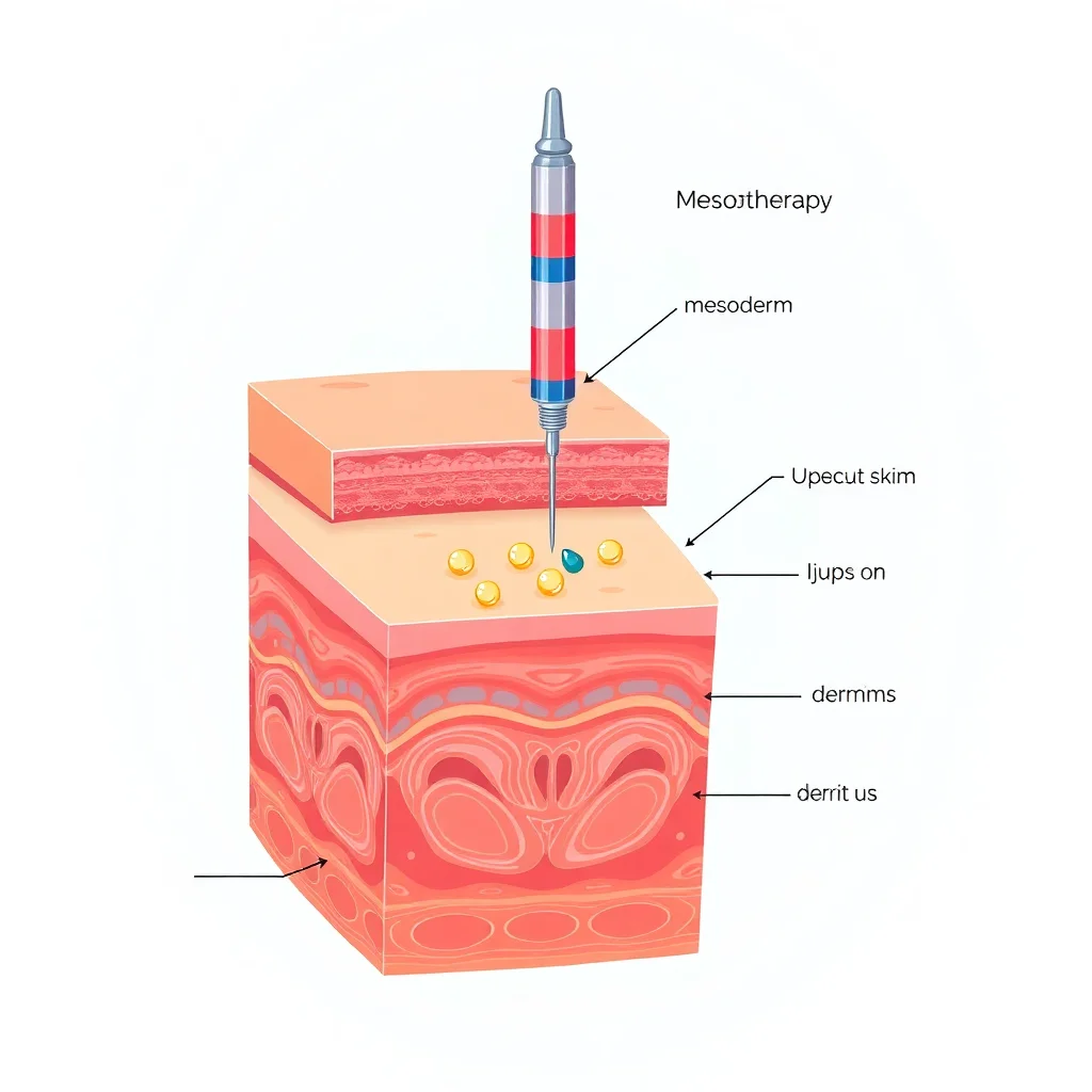 Illustration médicale montrant les couches de peau et la technique d'injection en mésothérapie avec l'aiguille pénétrant le derme à la bonne profondeur