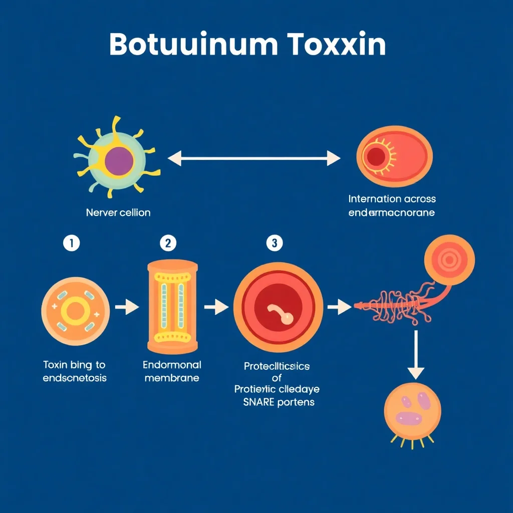 Illustration scientifique étape par étape du processus cellulaire de la toxine botulique depuis la liaison jusqu'au blocage de la libération de neurotransmetteurs