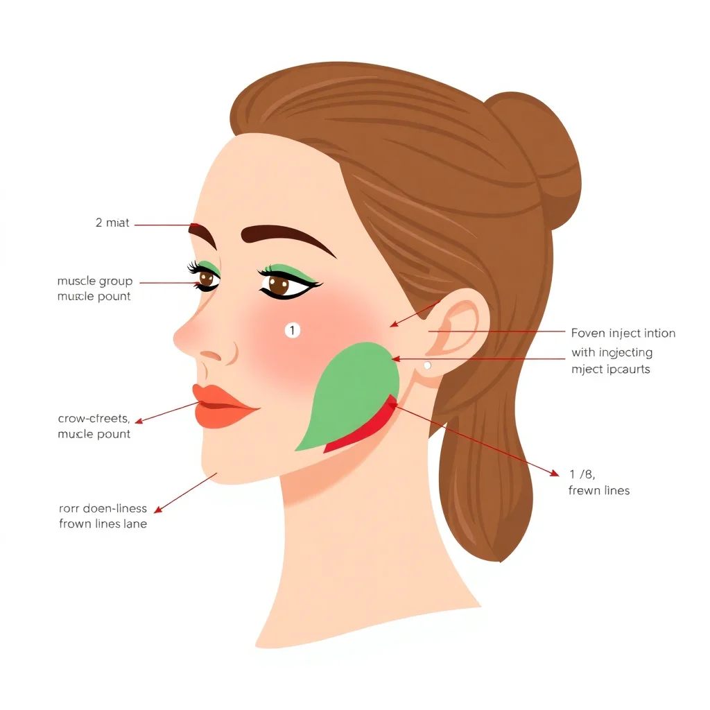 Diagramme médical montrant l'anatomie faciale avec les points d'injection Botox par zone