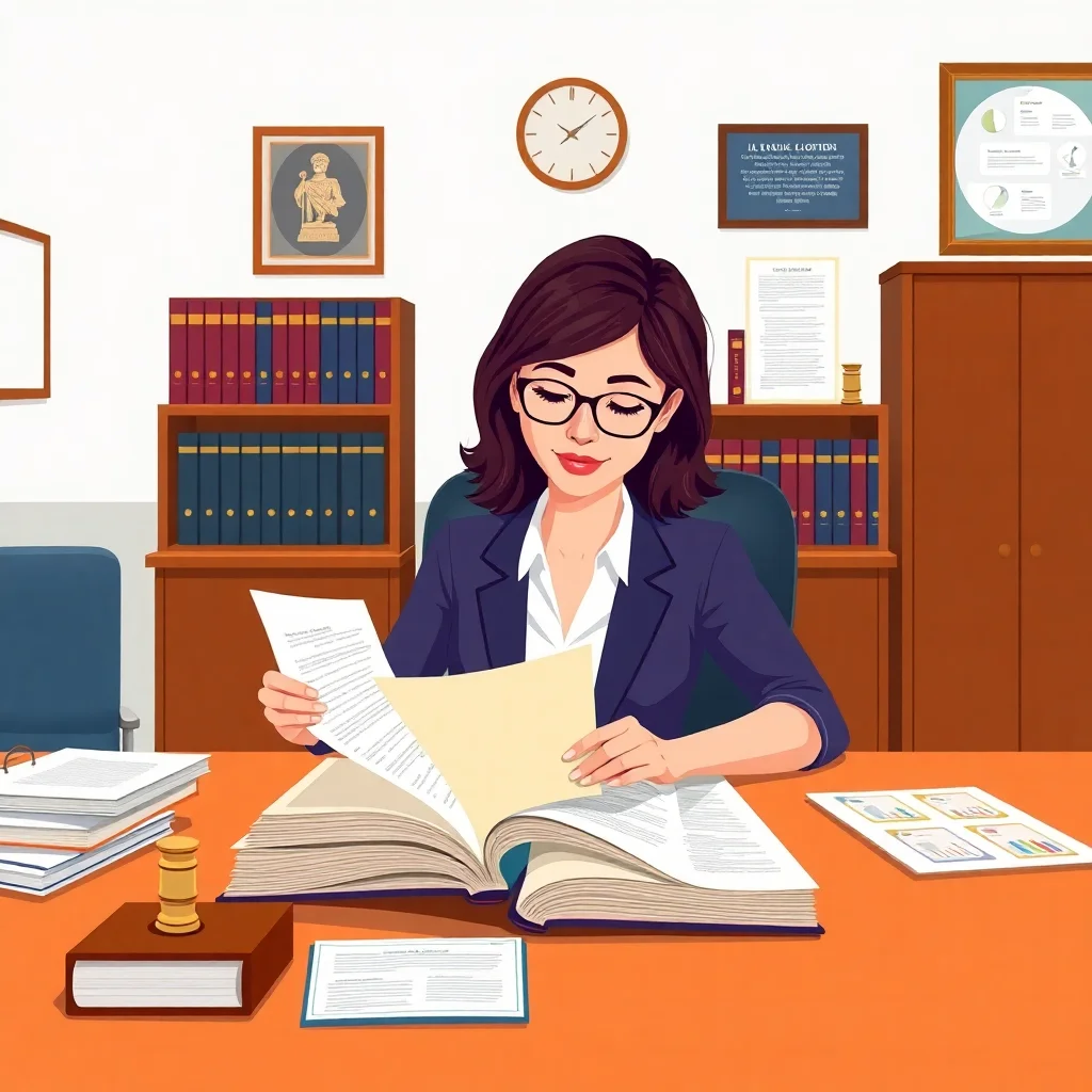 Femme d'affaires lisant des documents légaux et réglementaires dans un bureau professionnel