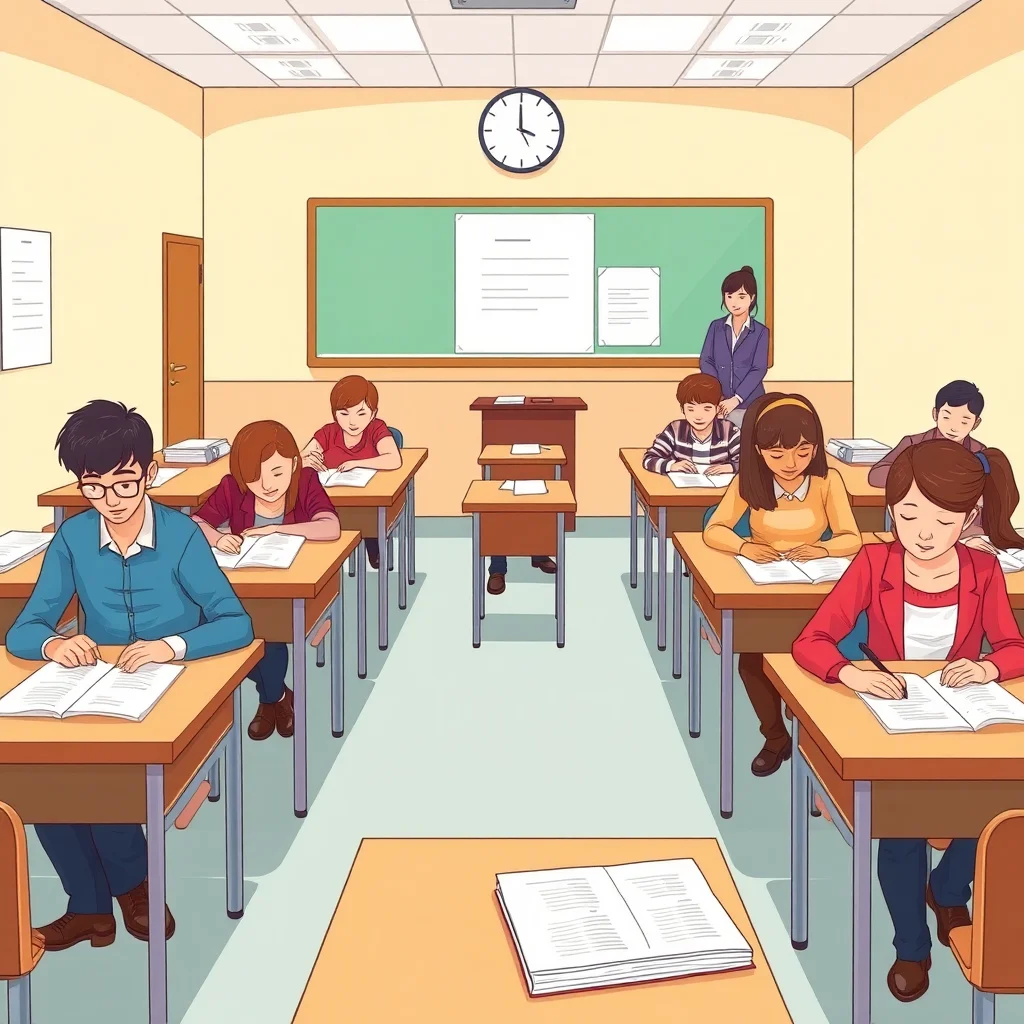 Students taking a French reading certification exam in a formal testing environment