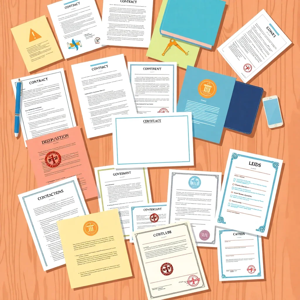 Documents juridiques et réglementaires variés disposés sur une table - contrats, codes de loi, manuels de conformité