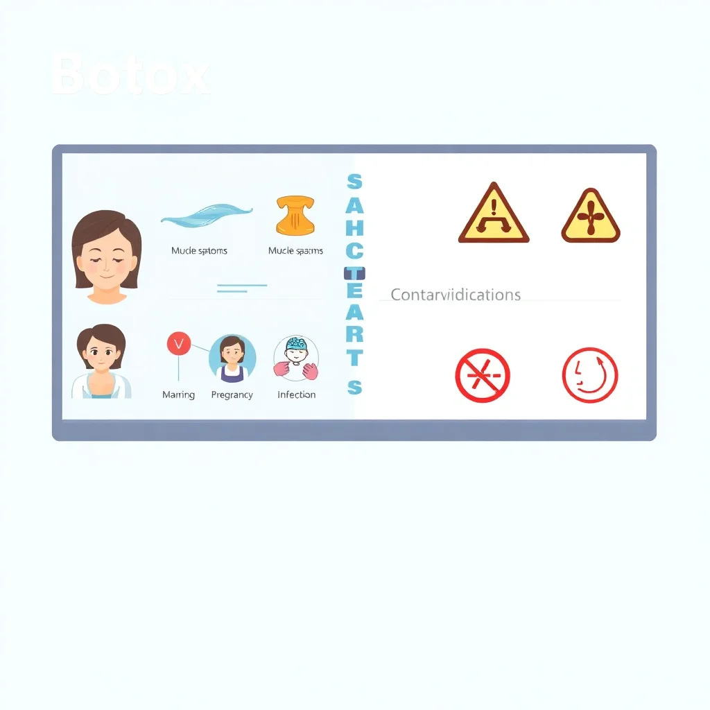 Diagramme éducatif montrant les indications et contre-indications du Botox avec symboles médicaux