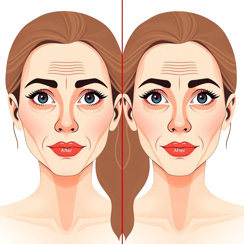 Illustration médicale comparative avant/après traitement Botox montrant la réduction des rides et l'effet sur les muscles faciaux