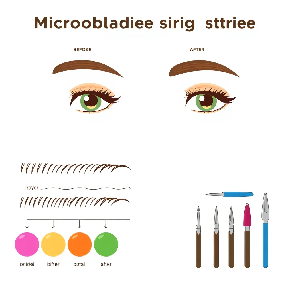 Diagramme éducatif illustrant les étapes de la technique de microblading avec motifs de traits poil par poil et outils professionnels
