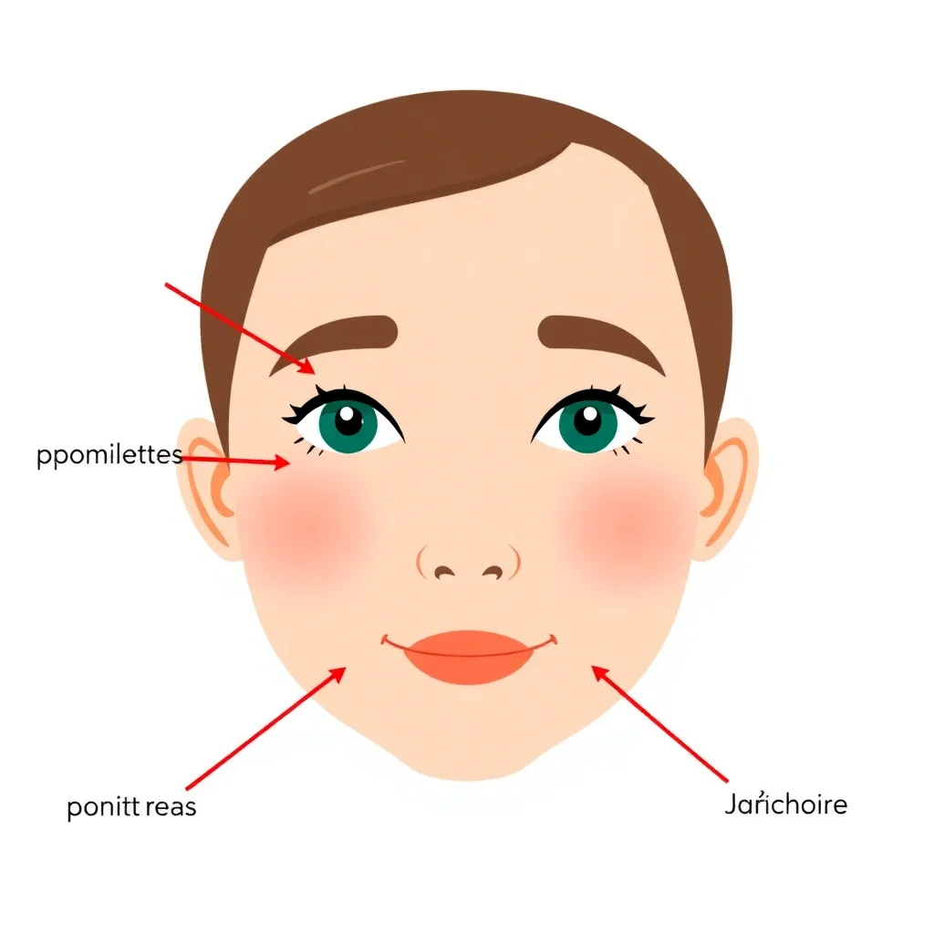 Anatomical diagram of a face highlighting cheekbones, under-eye circles, and jawline with French labels